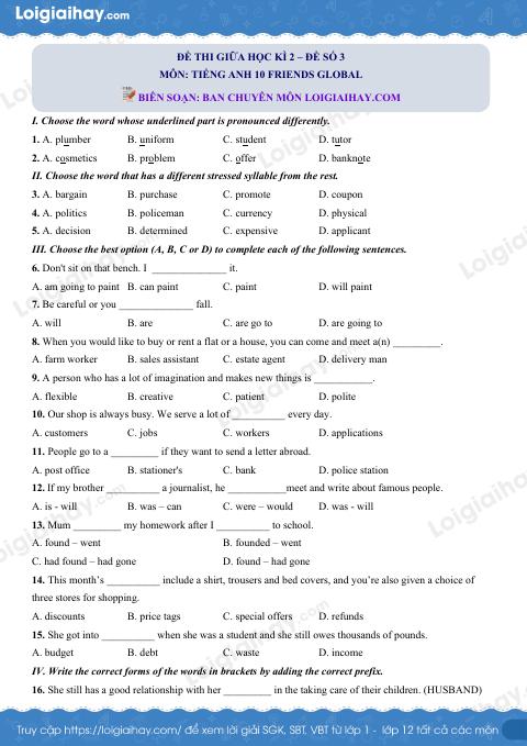 Đề thi giữa kì 2 Tiếng Anh 10 Friends Global - Đề số 3